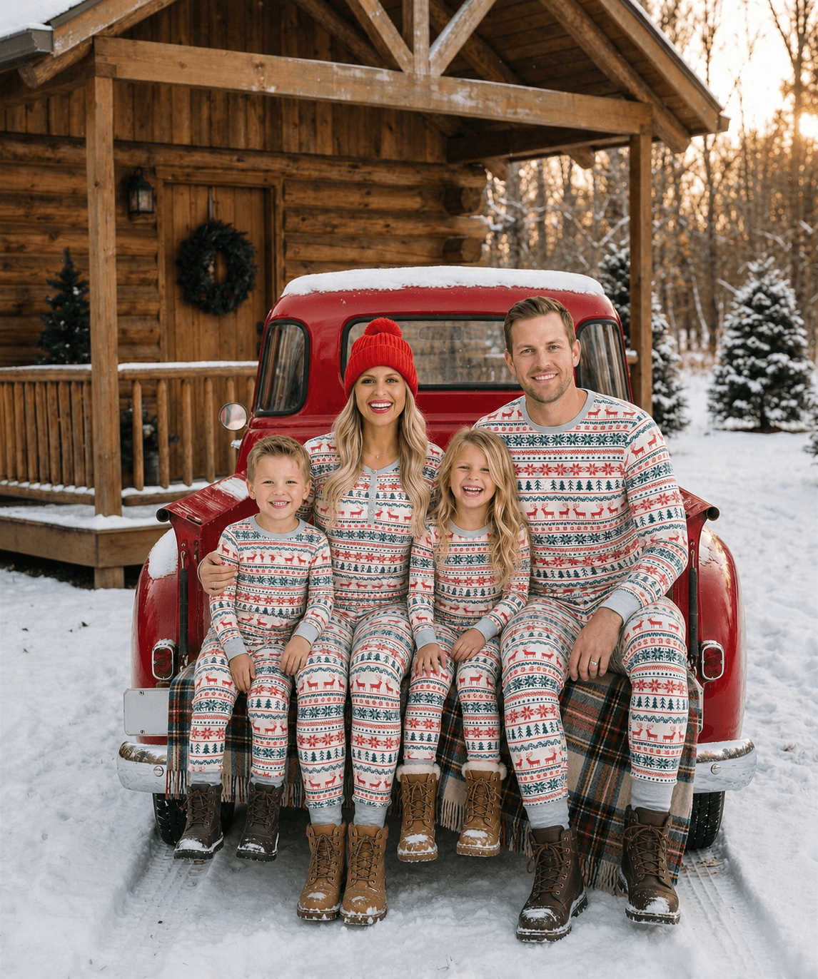 Famiglia in posa sul portellone di un camion rosso fuori da una baita innevata, in pigiami natalizi bianchi coordinati con renne e alberi.
