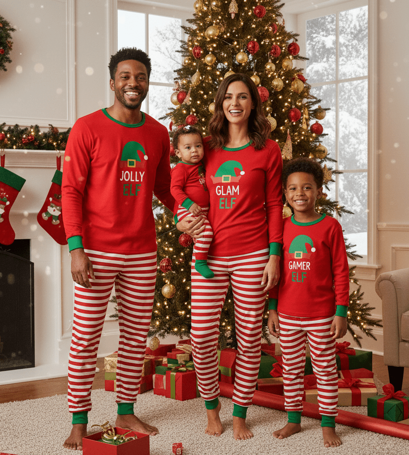 Familie steht neben einem Weihnachtsbaum in roten Pyjamaoberteilen mit Elfenmotiven und rot-weiß gestreiften Hosen mit grünen Bündchen.