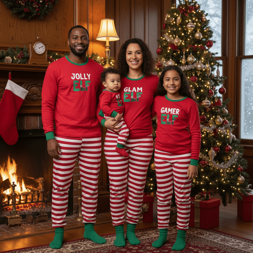 Famiglia accanto a un camino acceso in pigiami rossi Jolly Elf, Glam Elf e Gamer Elf con pantaloni a righe e bordi verdi.