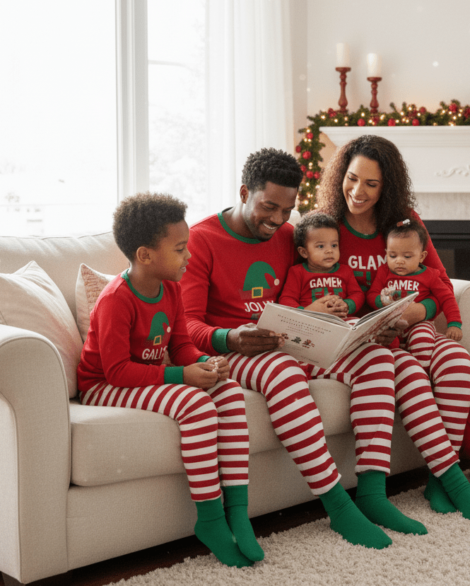 Famiglia che legge insieme su un divano con maglie rosse del pigiama con elfo e pantaloni a righe rosse e bianche con bordi verdi.