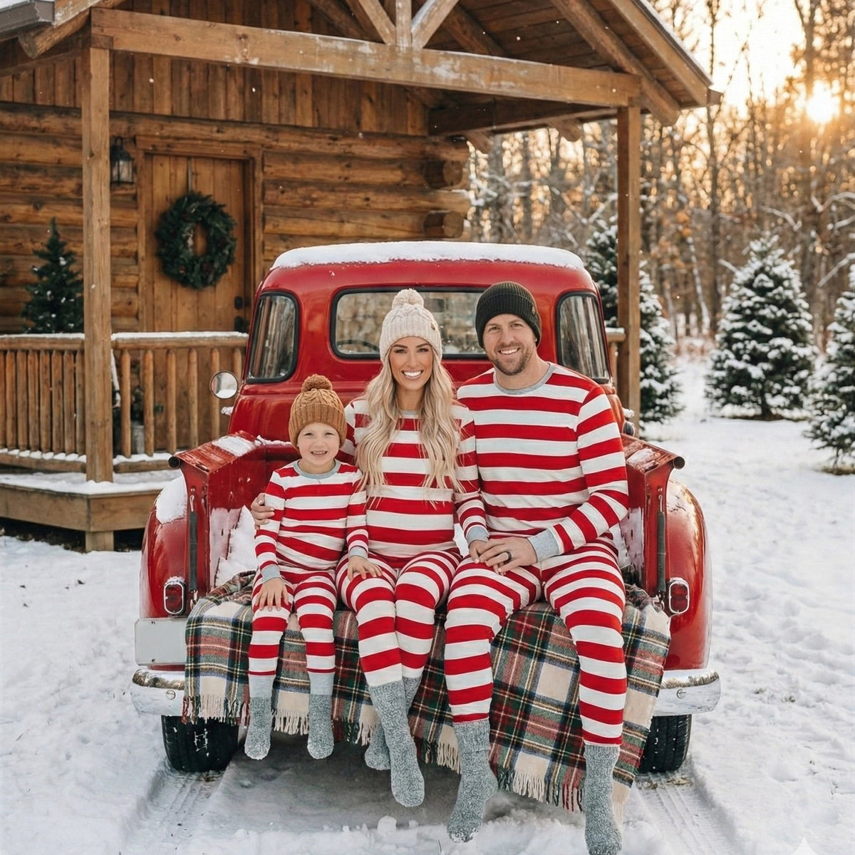 Eltern und ein Kind sitzen auf der Heckklappe eines roten Lastwagens vor einer verschneiten Hütte in rot-weiß gestreiften Weihnachtspyjamas.