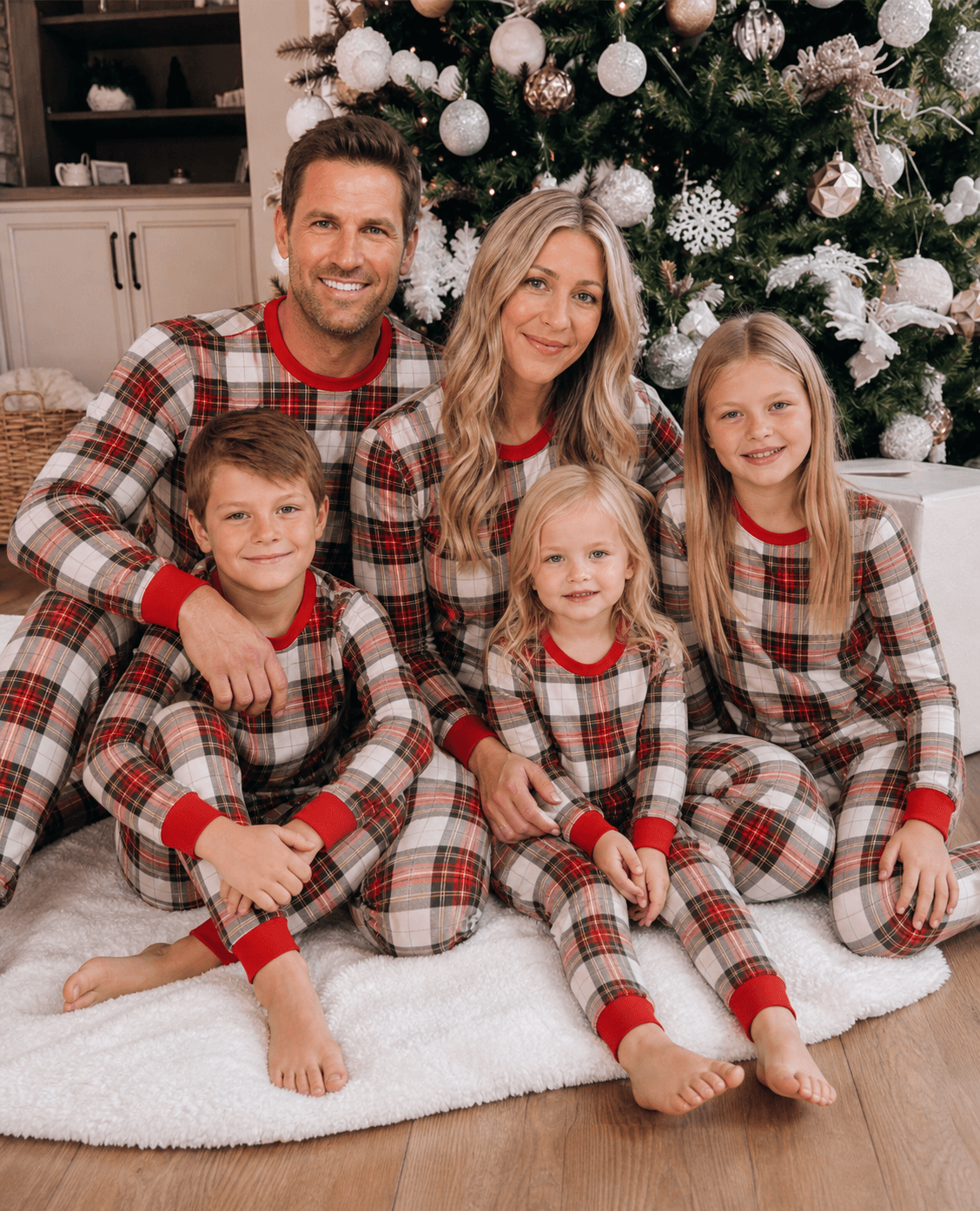 Genitori e tre bambini seduti accanto a un albero decorato, in pigiami natalizi coordinati in tartan beige, rosso e nero.