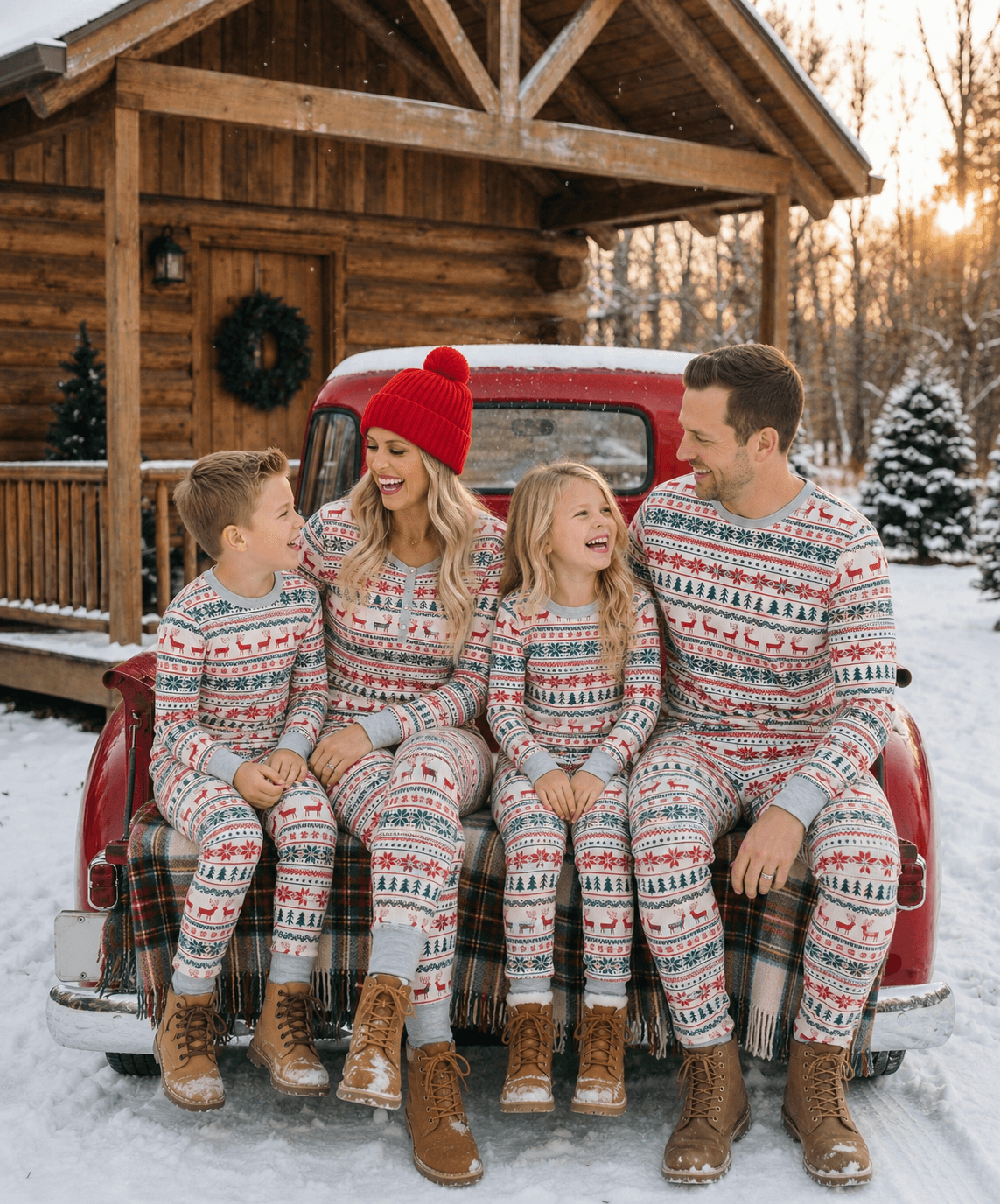 Familie schaut einander auf der Heckklappe eines roten Lastwagens vor einer verschneiten Hütte an, in passenden Pyjamas mit Rentier- und Baummotiven.