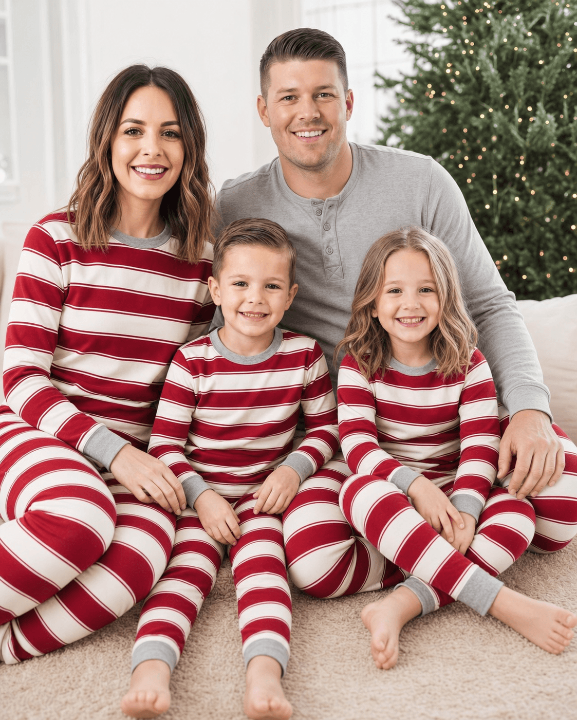 Matching family Christmas pajama set worn by mom, dad, children, and dog on holiday morning