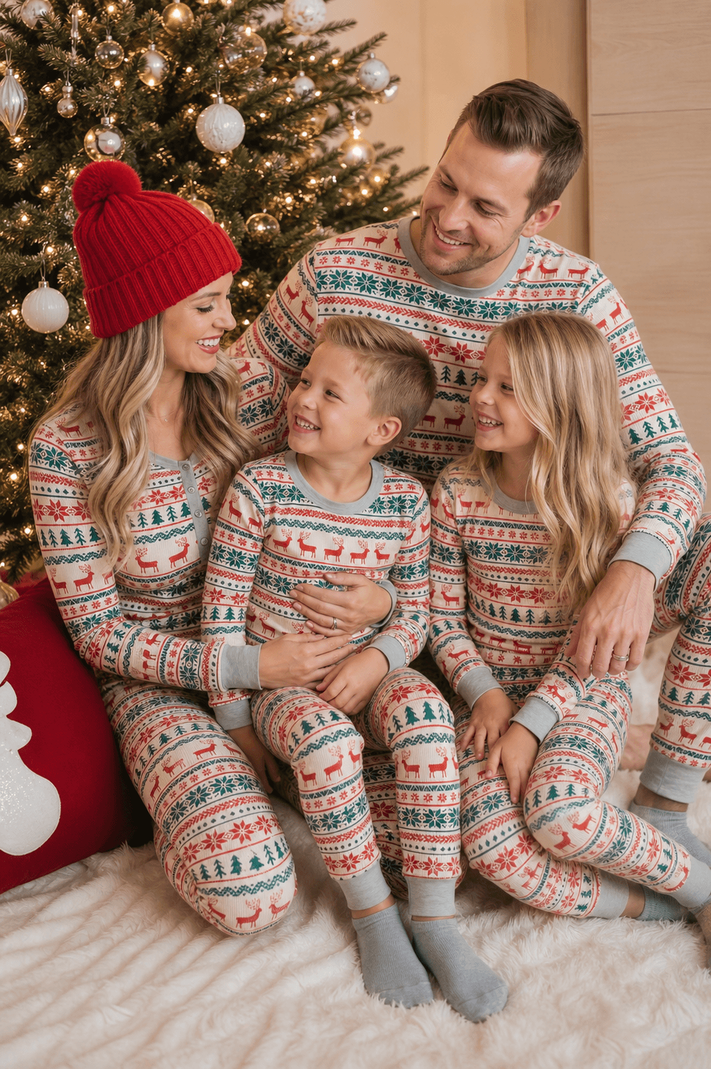 Genitori che abbracciano due bambini accanto a un albero illuminato, in pigiami natalizi bianchi coordinati con motivi Fair Isle rossi e verdi.
