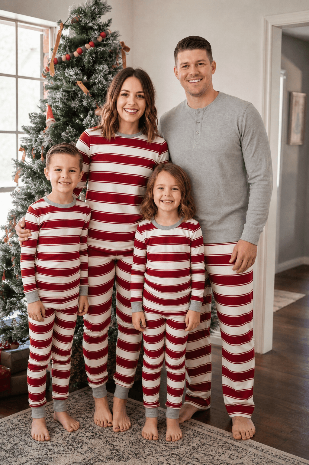 Genitori e bambini in piedi accanto a un albero di Natale decorato, in pigiami festivi coordinati a righe