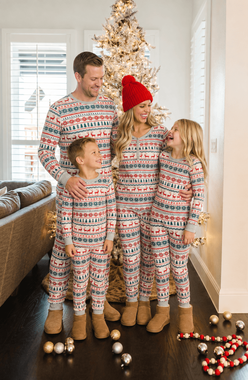 Famiglia in piedi accanto a un albero di Natale illuminato, in pigiami Fair Isle bianchi con renne rosse, alberi verdi e polsini grigi.