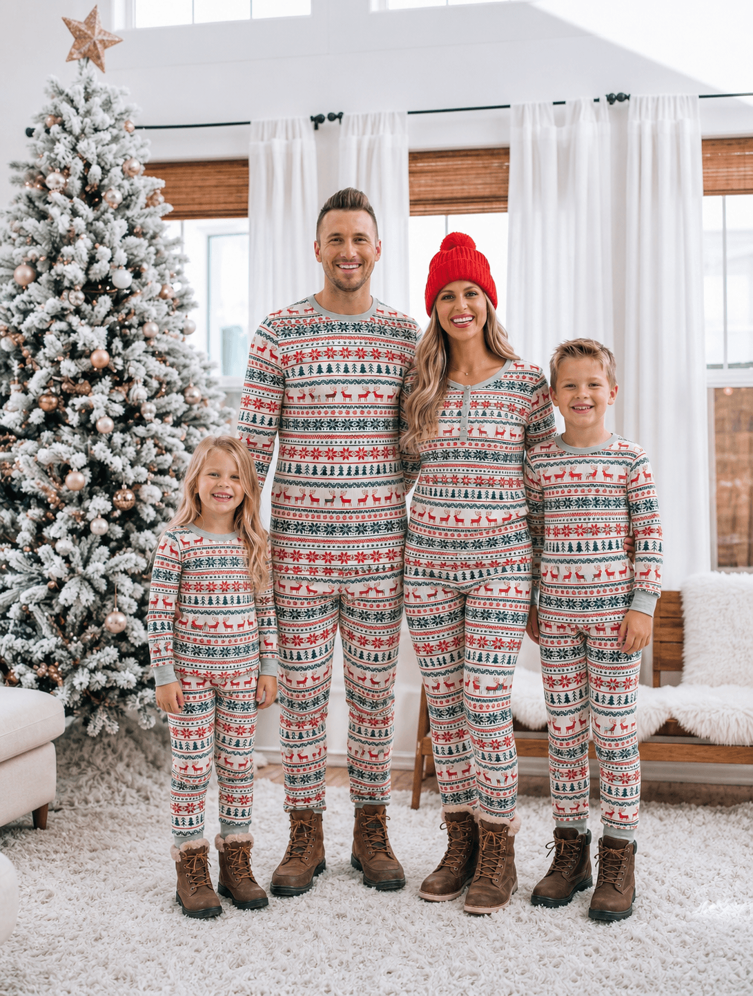 Famiglia di quattro persone in pigiami natalizi con renne e alberi rossi e verdi, in piedi accanto a un albero di Natale innevato.