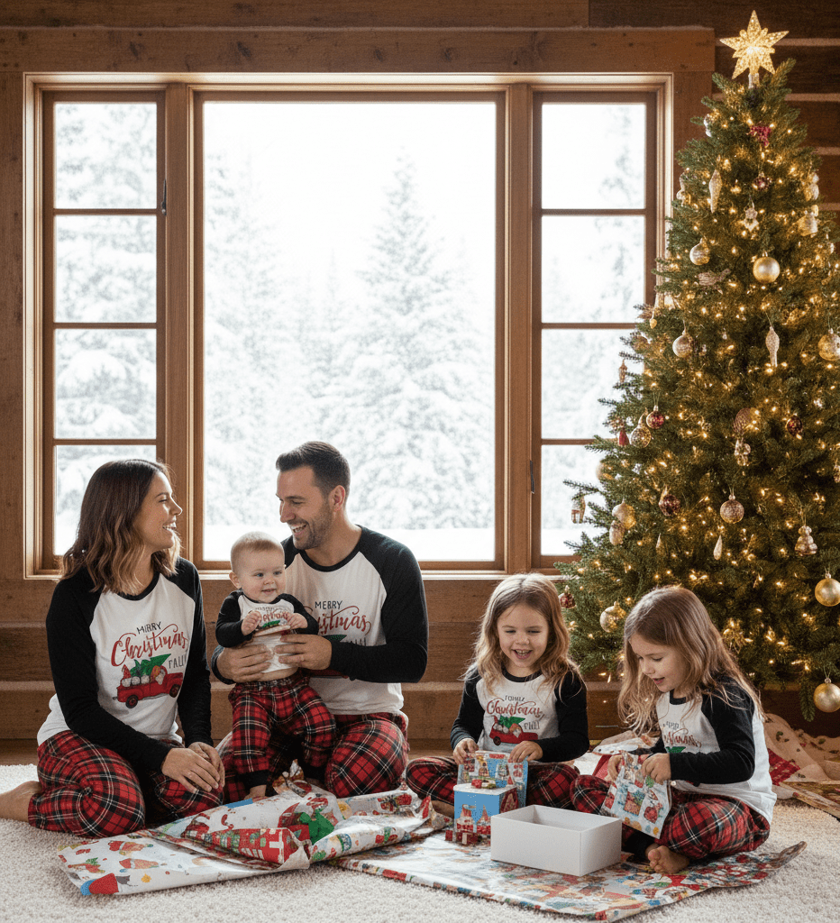 Famiglia che apre regali accanto all'albero di Natale di una baita, con maglie bianche con camion e maniche nere e pantaloni a quadri rossi.