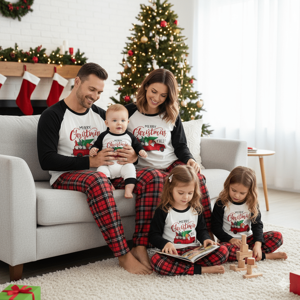 Famiglia che legge e gioca accanto a un divano, con maglie bianche natalizie con camion e maniche nere, pantaloni a quadri rossi e tutina per neonato.