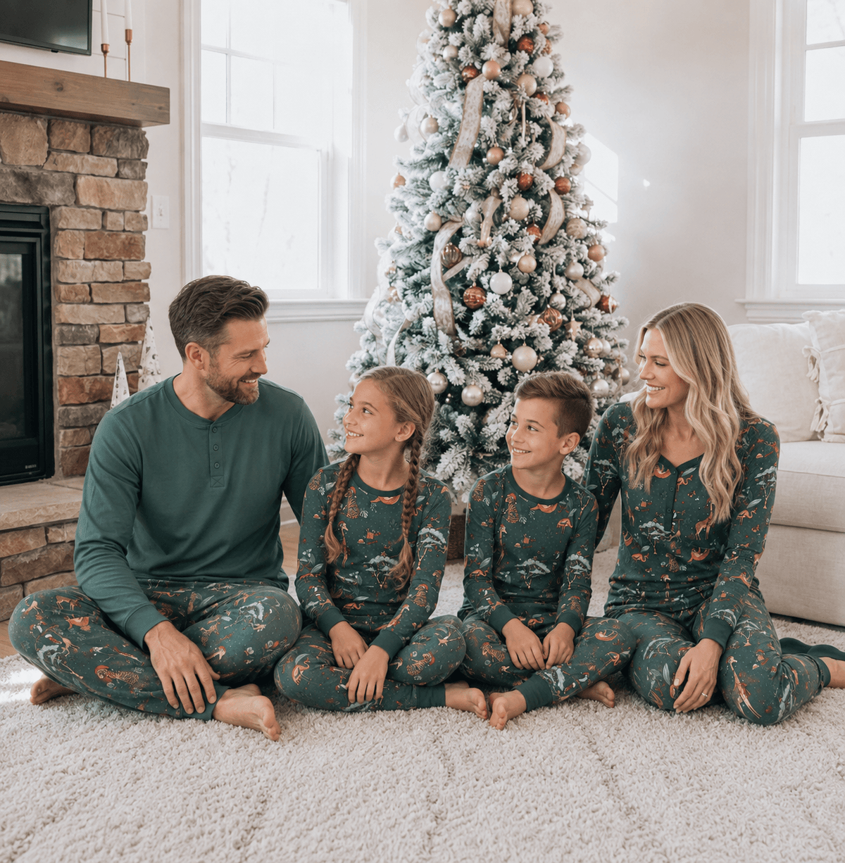 Famiglia seduta a gambe incrociate accanto a un camino e a un albero di Natale, in pigiami verdi con animali festivi.