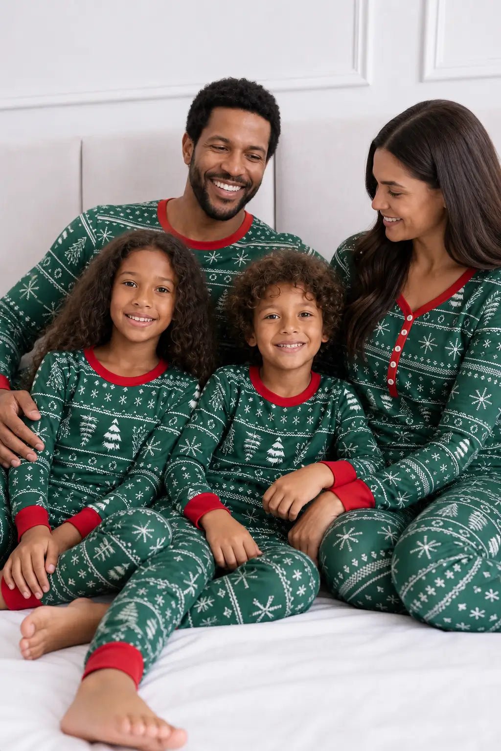 Genitori e due bambini abbracciati su un letto, in pigiami natalizi Fair Isle verdi coordinati con polsini rossi.