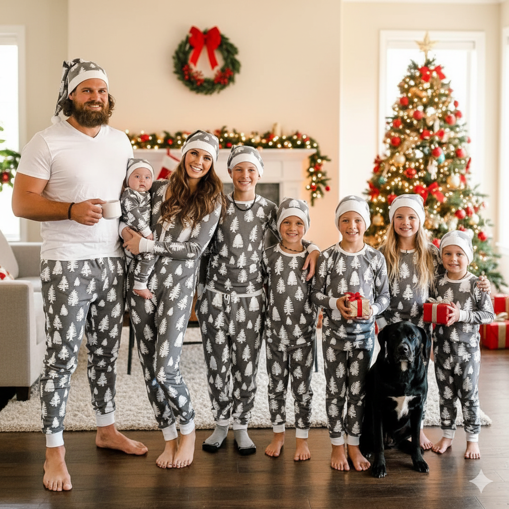 Gray White Christmas Tree Print Family Christmas Pajamas with Dog Pajamas – Complete Matching Set