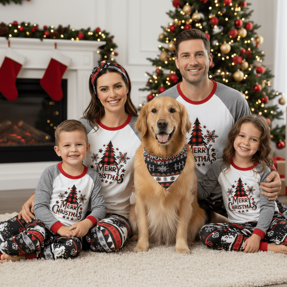 Grau-weiße Familien-Weihnachtspyjamas im Partnerlook mit Weihnachtsbaum- und Lastwagenmotiven – Hauptansicht der festlichen Nachtwäsche