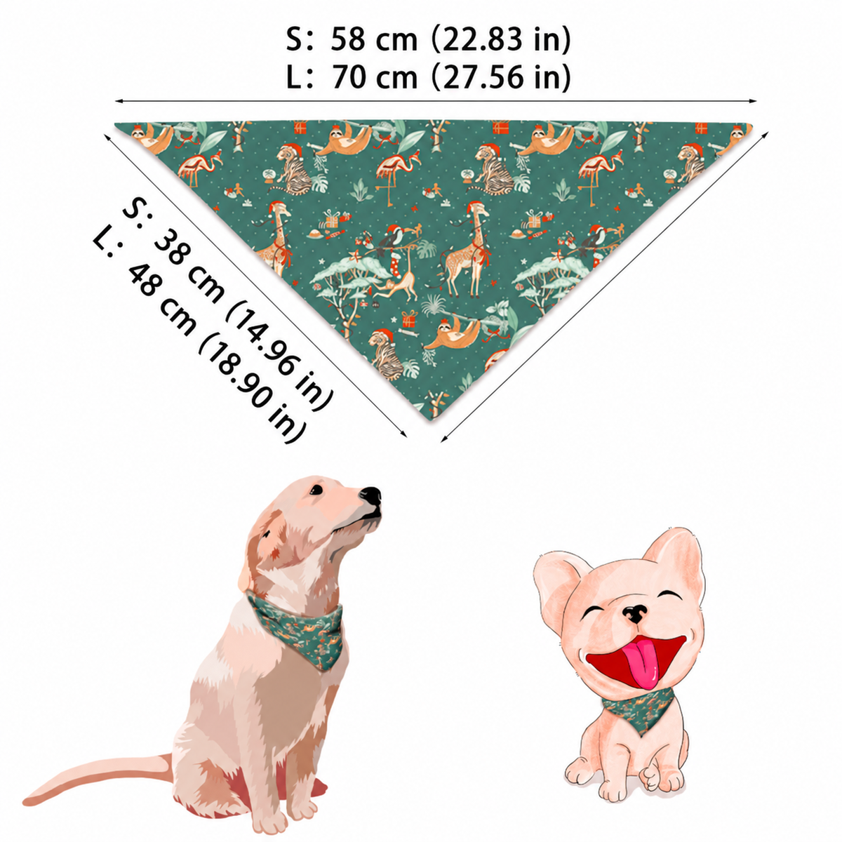 Guida alle taglie di una bandana natalizia verde per cane con animali, con taglie S e L.