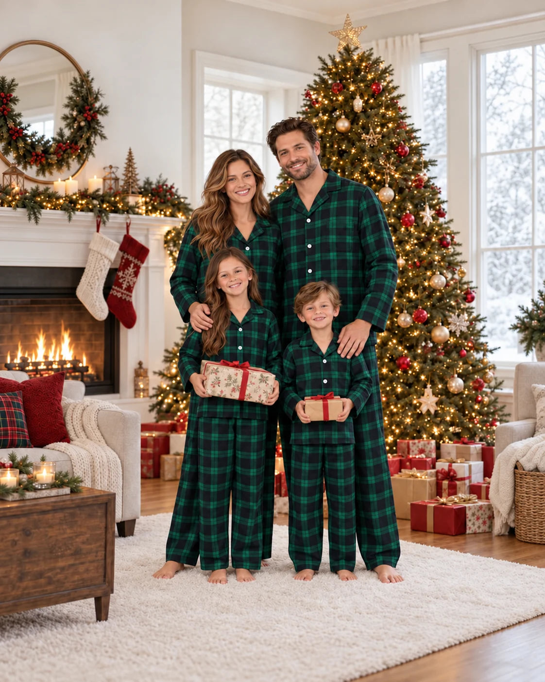 Family of four in green and black plaid pajamas holding gifts beside a Christmas tree and fireplace.