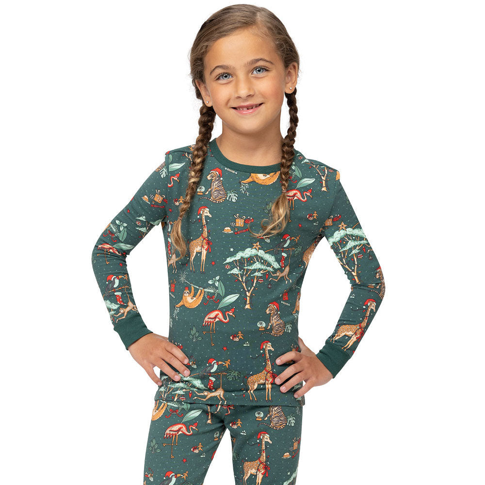 Green Cute Zoo Christmas Pajamas Print Detail – Festive Holiday Zoo Animal Print Close-Up