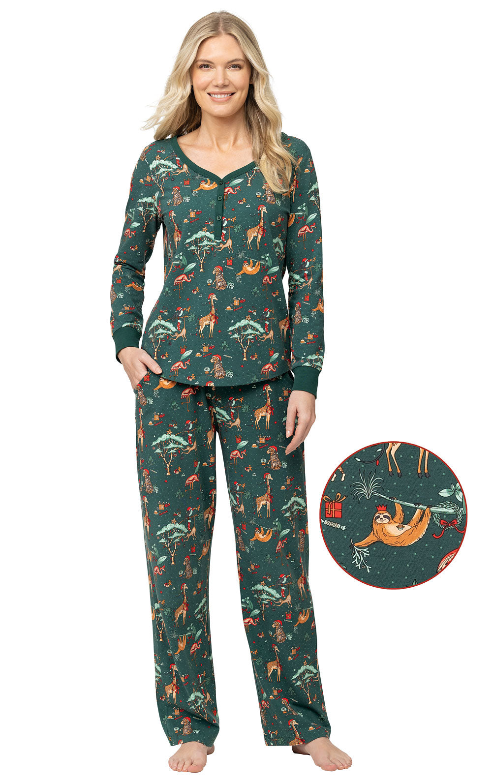 Green Cute Zoo Christmas Pajamas Women – Adults Matching Holiday Sleepwear