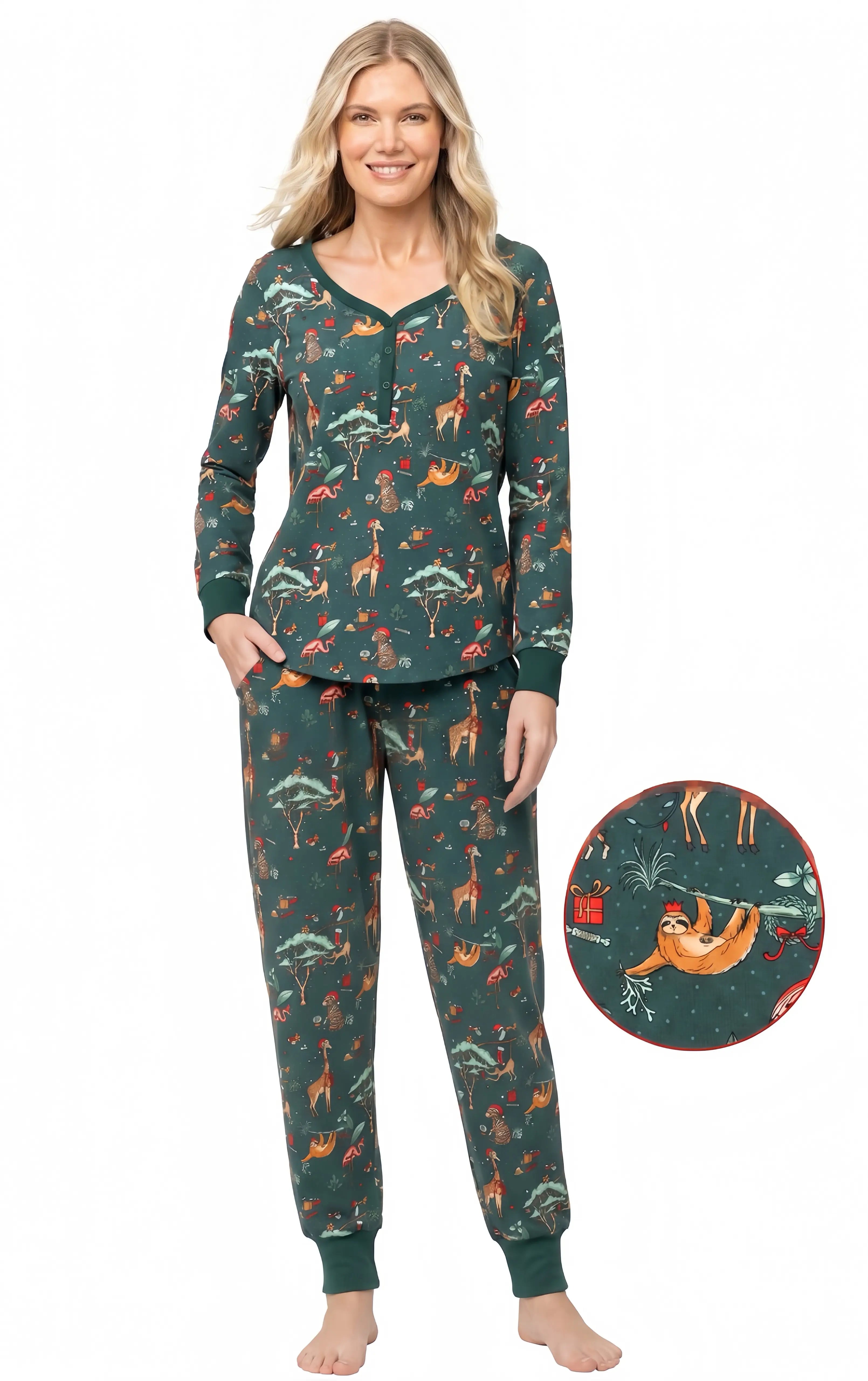 Green Cute Zoo Christmas Pajamas Women – Adults Matching Holiday Sleepwear