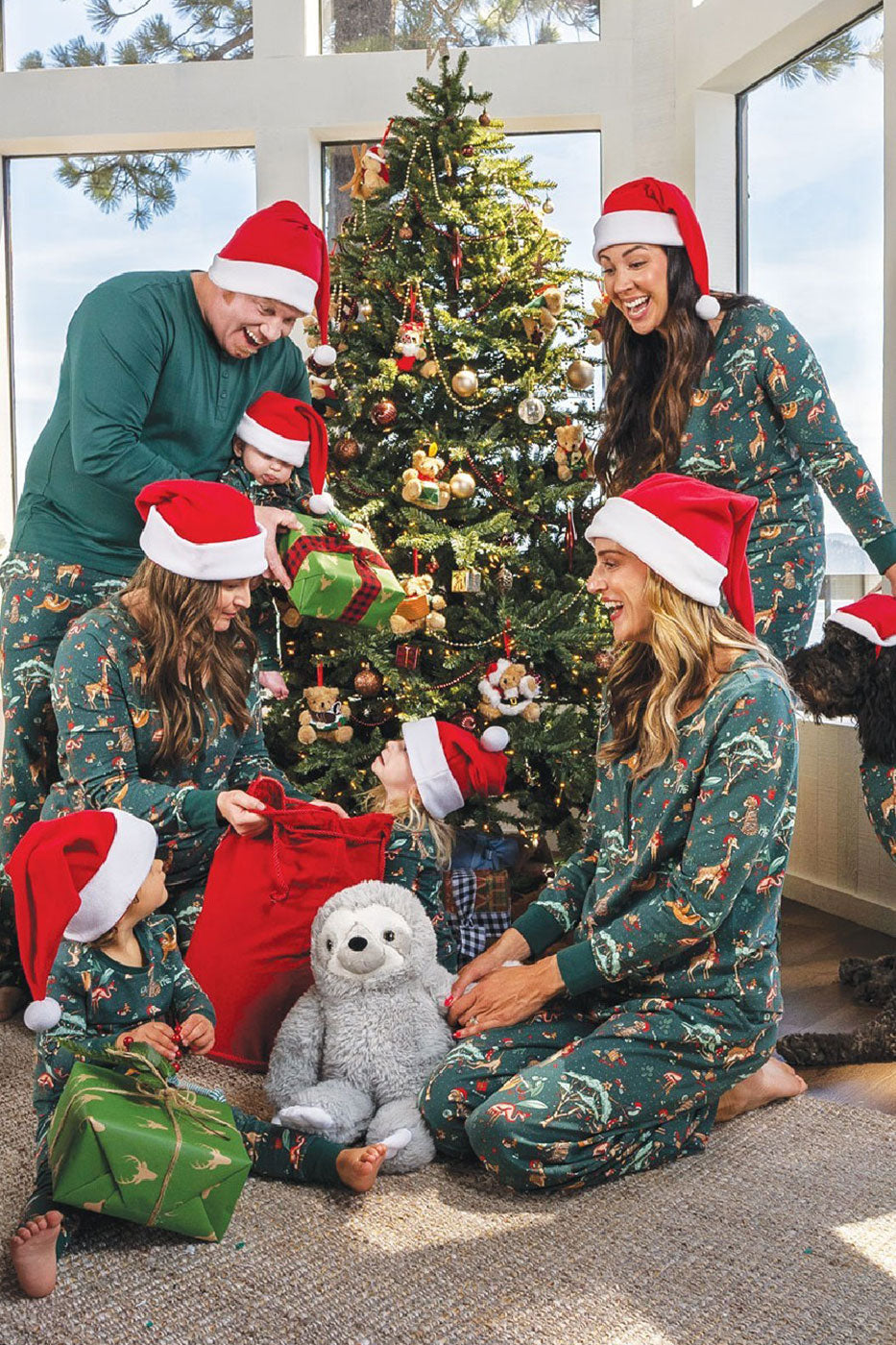 Green Cute Zoo Matching Family Christmas Pajamas with Dog Set – Holiday Sleepwear Main View