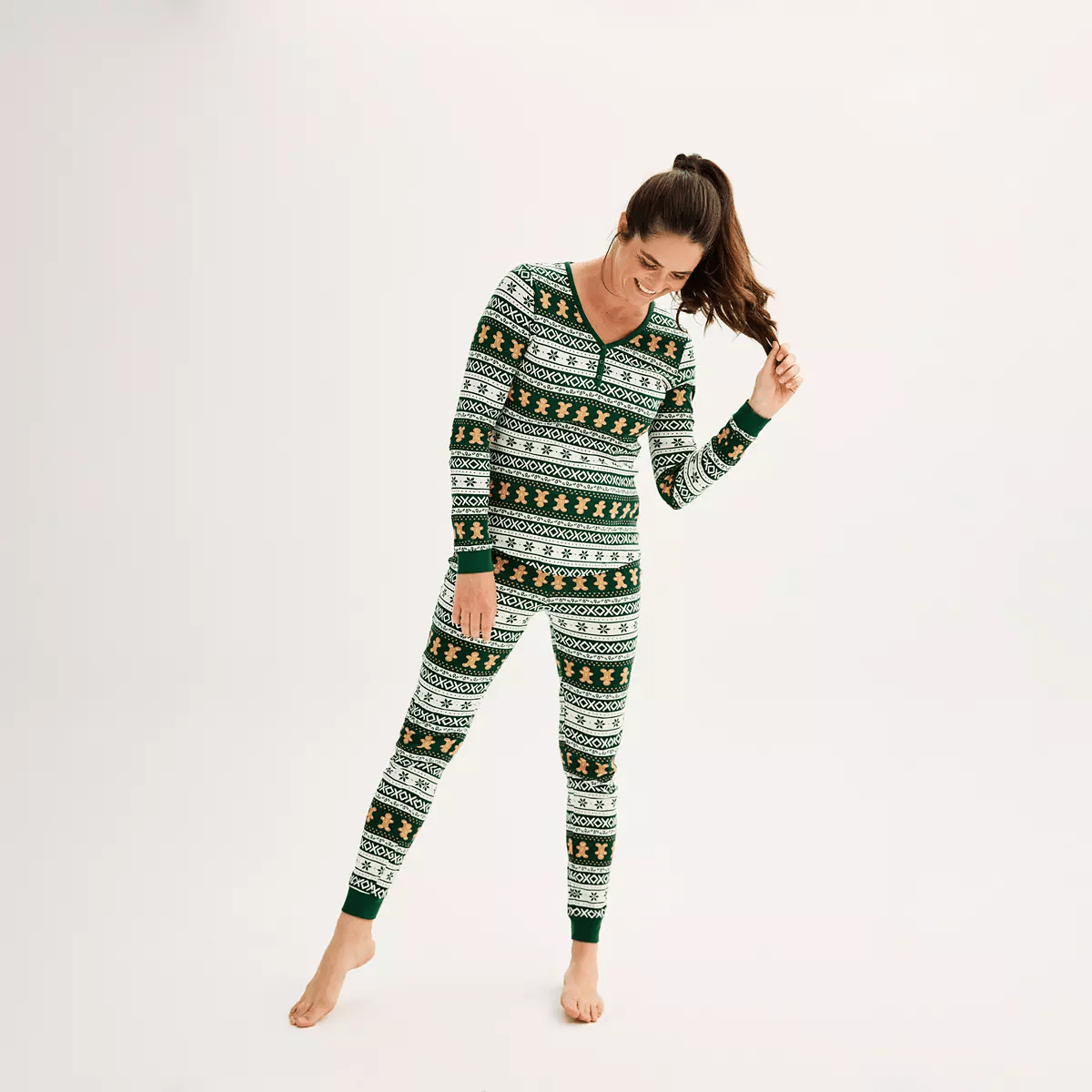 Green Gingerbread Christmas Pajamas Women – Adults Matching Holiday Sleepwear