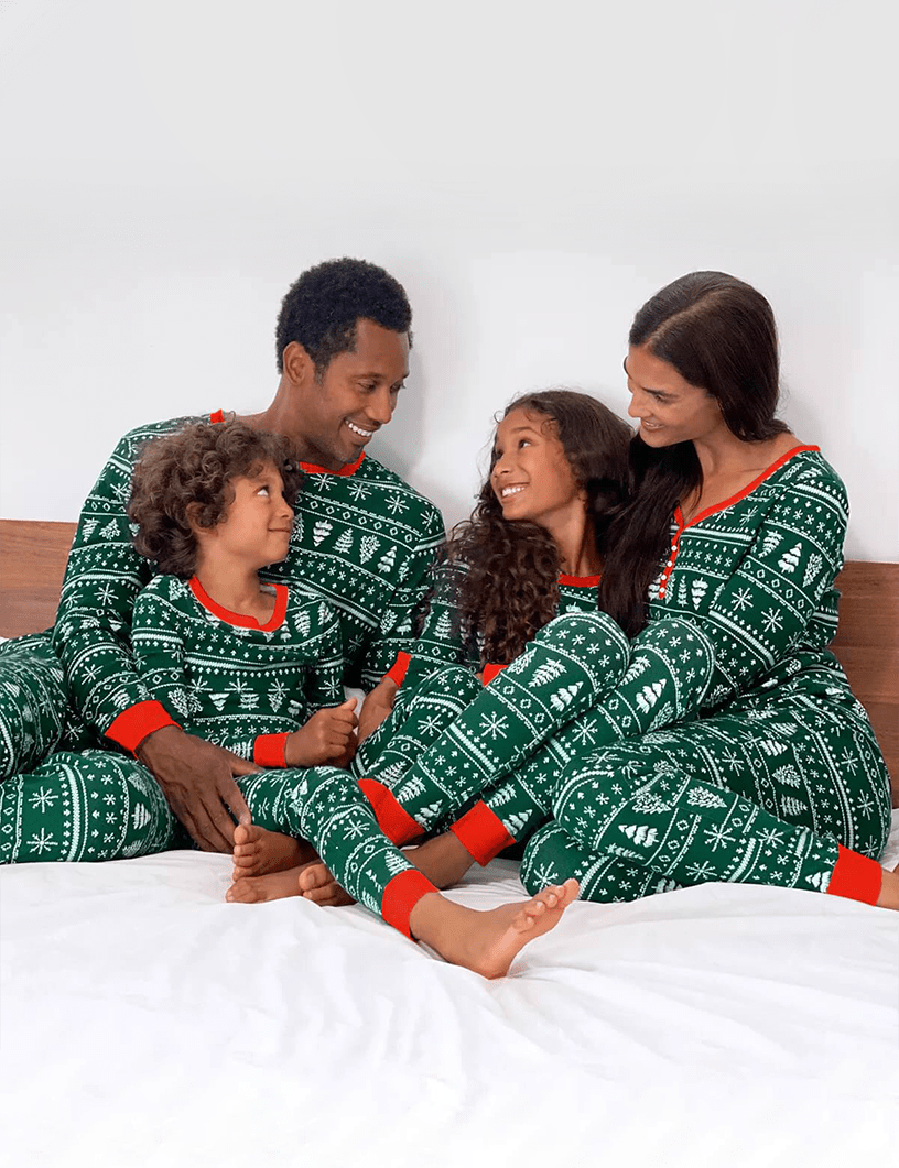 Green Reindeer Christmas Pajamas Size Chart – Adults Kids Baby and Dog Sizes Available