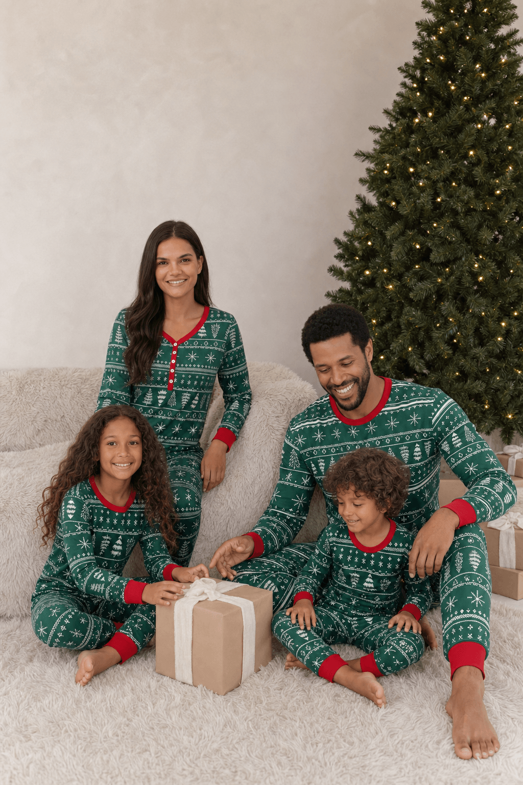 Famiglia che apre un regalo accanto a un albero, in pigiami natalizi verdi con alberi e fiocchi di neve bianchi e polsini rossi.