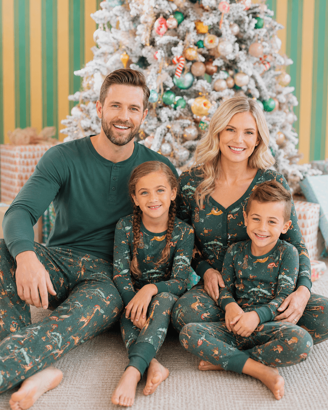 Famiglia seduta accanto a un albero decorato in pigiami natalizi verdi con animali, con maglia Henley verde da uomo in tinta unita.