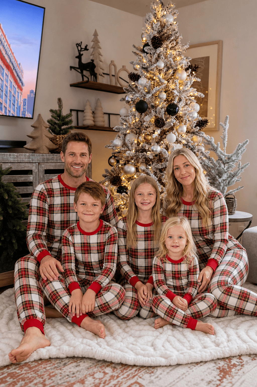 Family sitting on a white knit blanket beside a lit tree in beige, red and black plaid Christmas pajamas.