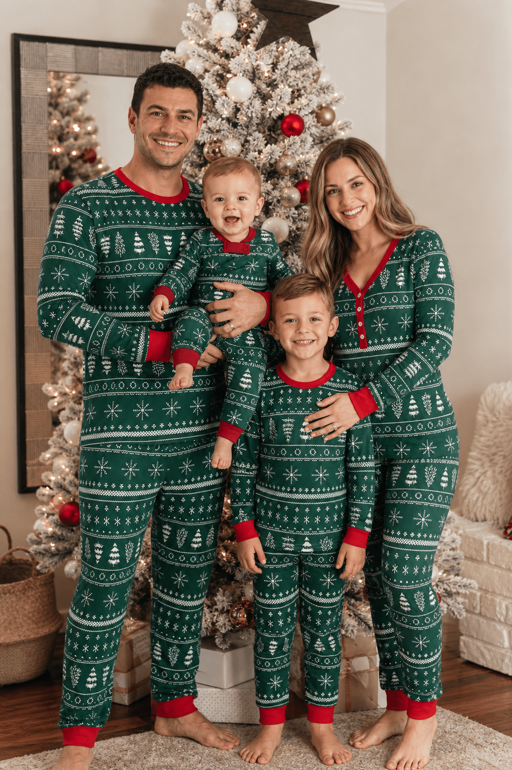 Family with a baby posing beside a Christmas tree in green pajamas with white tree and snowflake motifs and red trim.