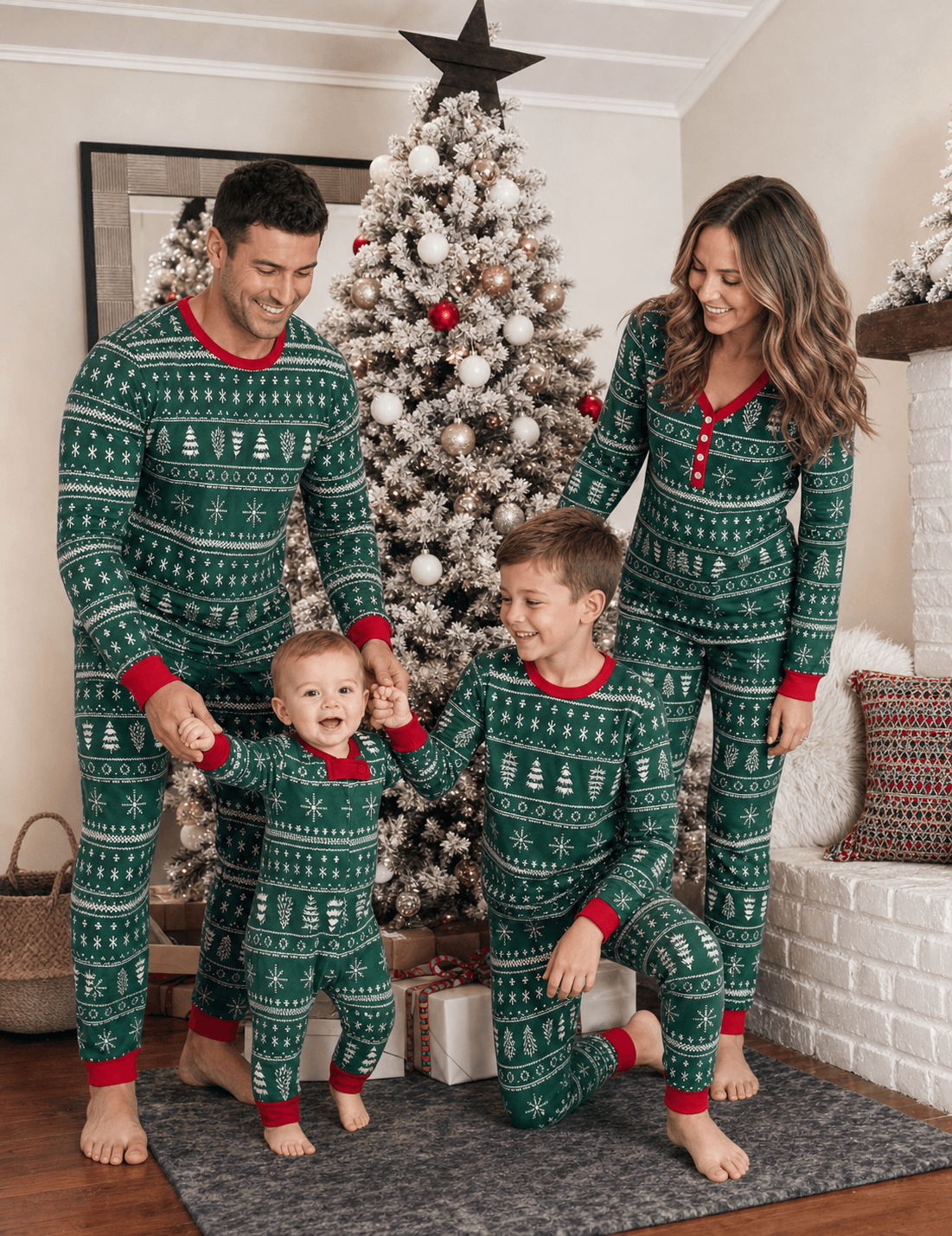 Genitori che tengono le mani di un neonato accanto a un bambino e a un albero di Natale, in pigiami Fair Isle verdi coordinati con polsini rossi.