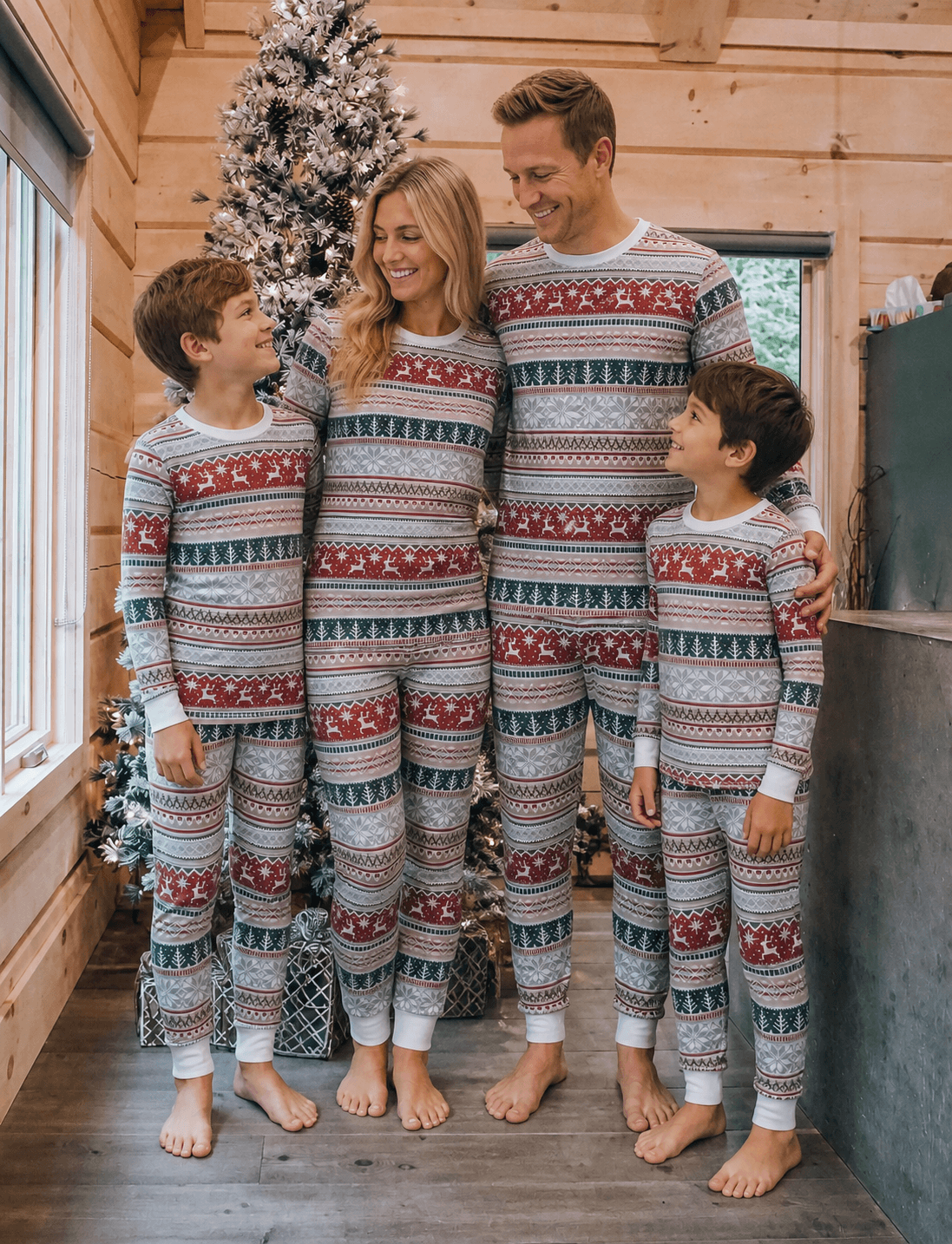 Famiglia in piedi in una stanza rivestita di legno accanto a un albero, in pigiami natalizi Fair Isle rossi, verdi e bianchi.