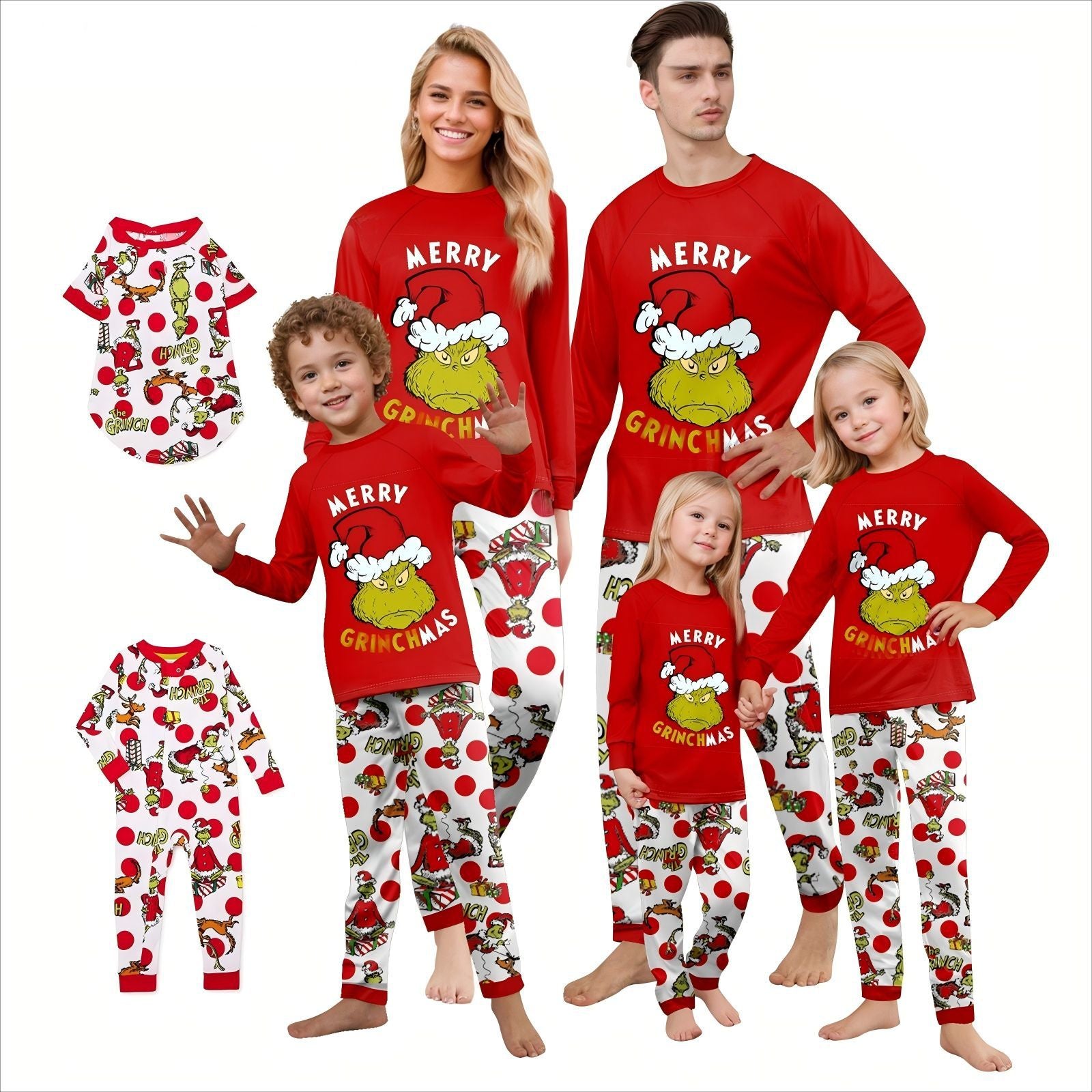 Red Top with Holiday Character Print Pants Matching Family Christmas Pajamas| Adults, Kids & Pets