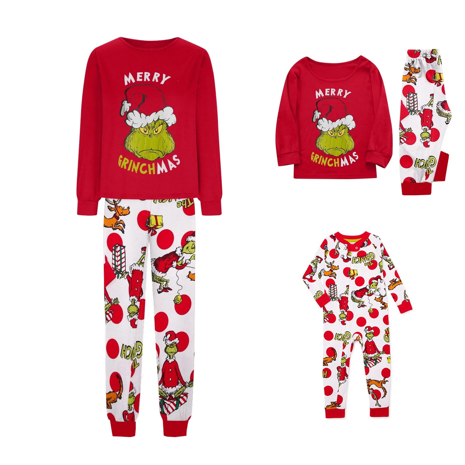 Red Top with Holiday Character Print Pants Matching Family Christmas Pajamas| Adults, Kids & Pets