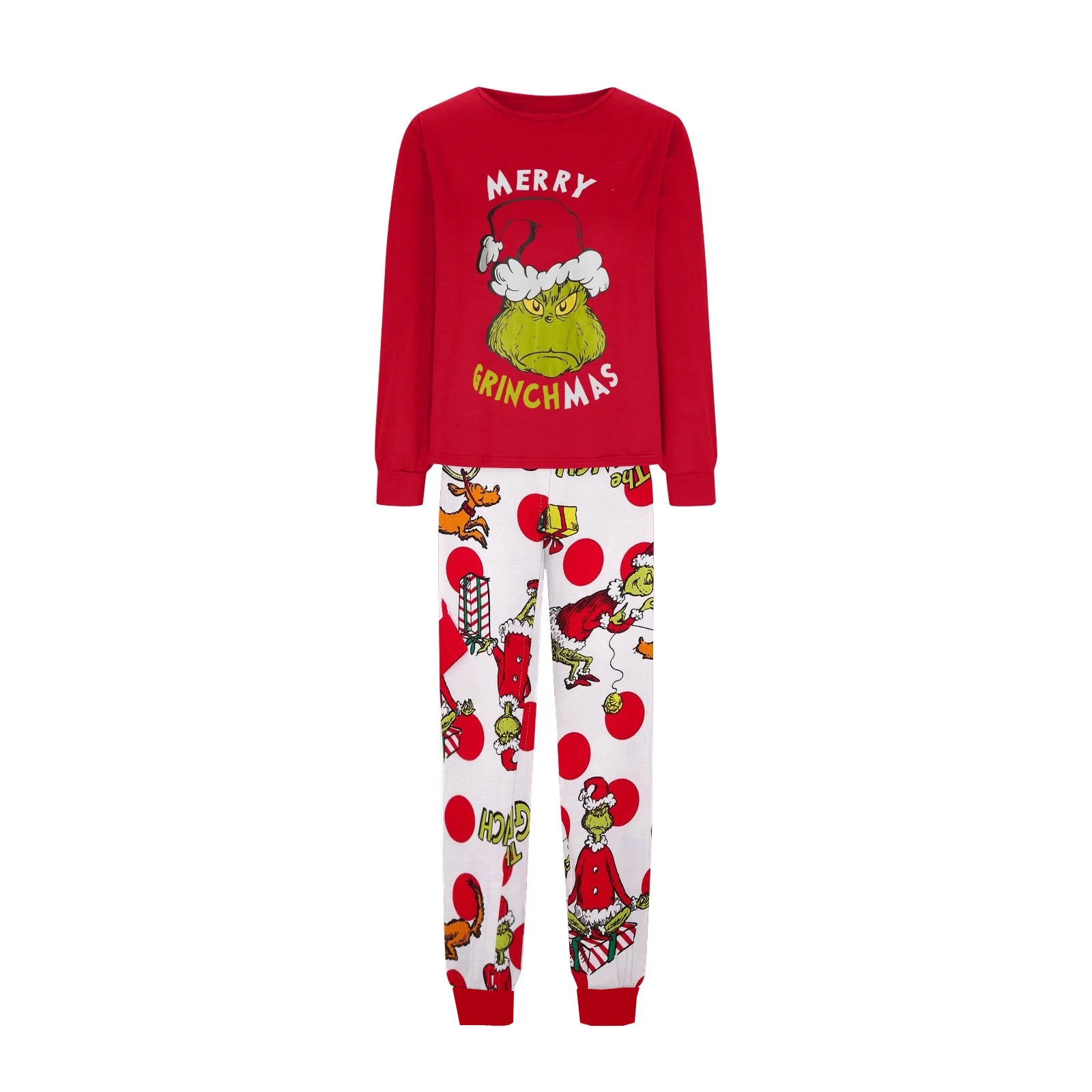Red Top with Holiday Character Print Pants Matching Family Christmas Pajamas| Adults, Kids & Pets