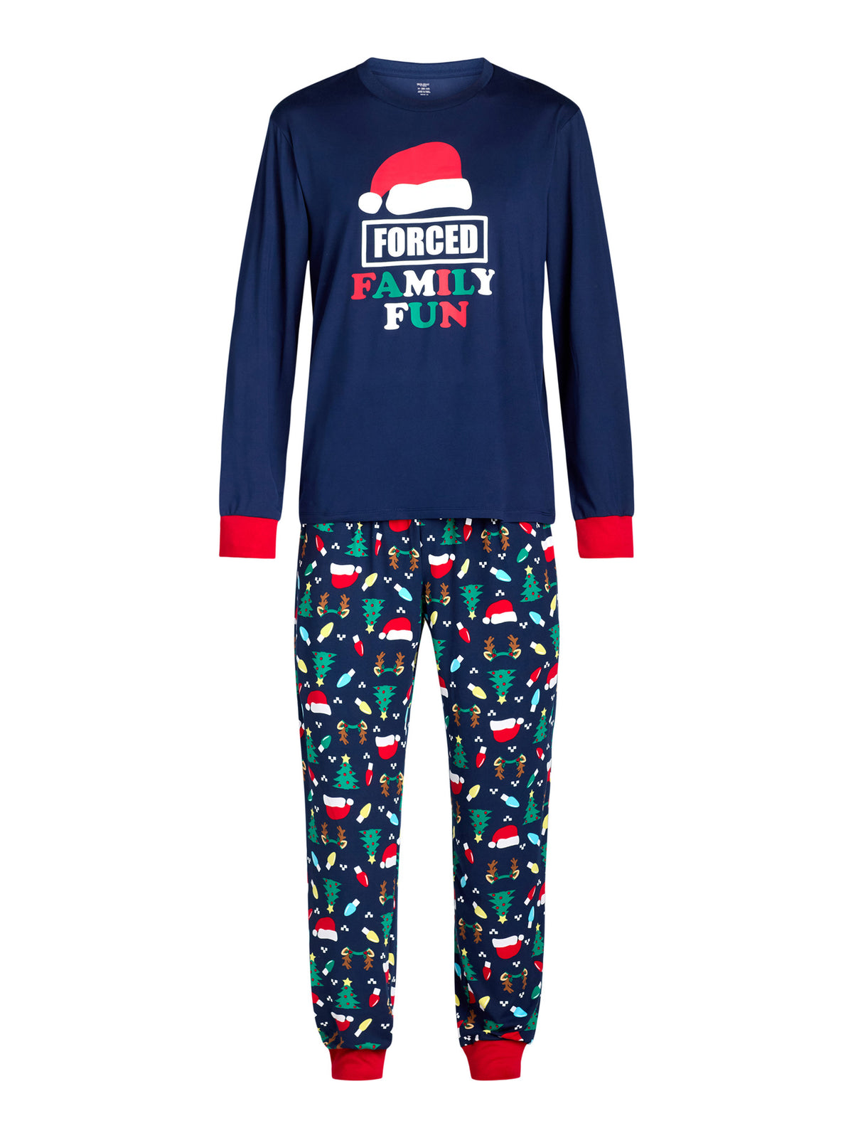 Navy Forced Family Fun pajama set with a Santa hat graphic, red cuffs and colorful Christmas print pants on white.