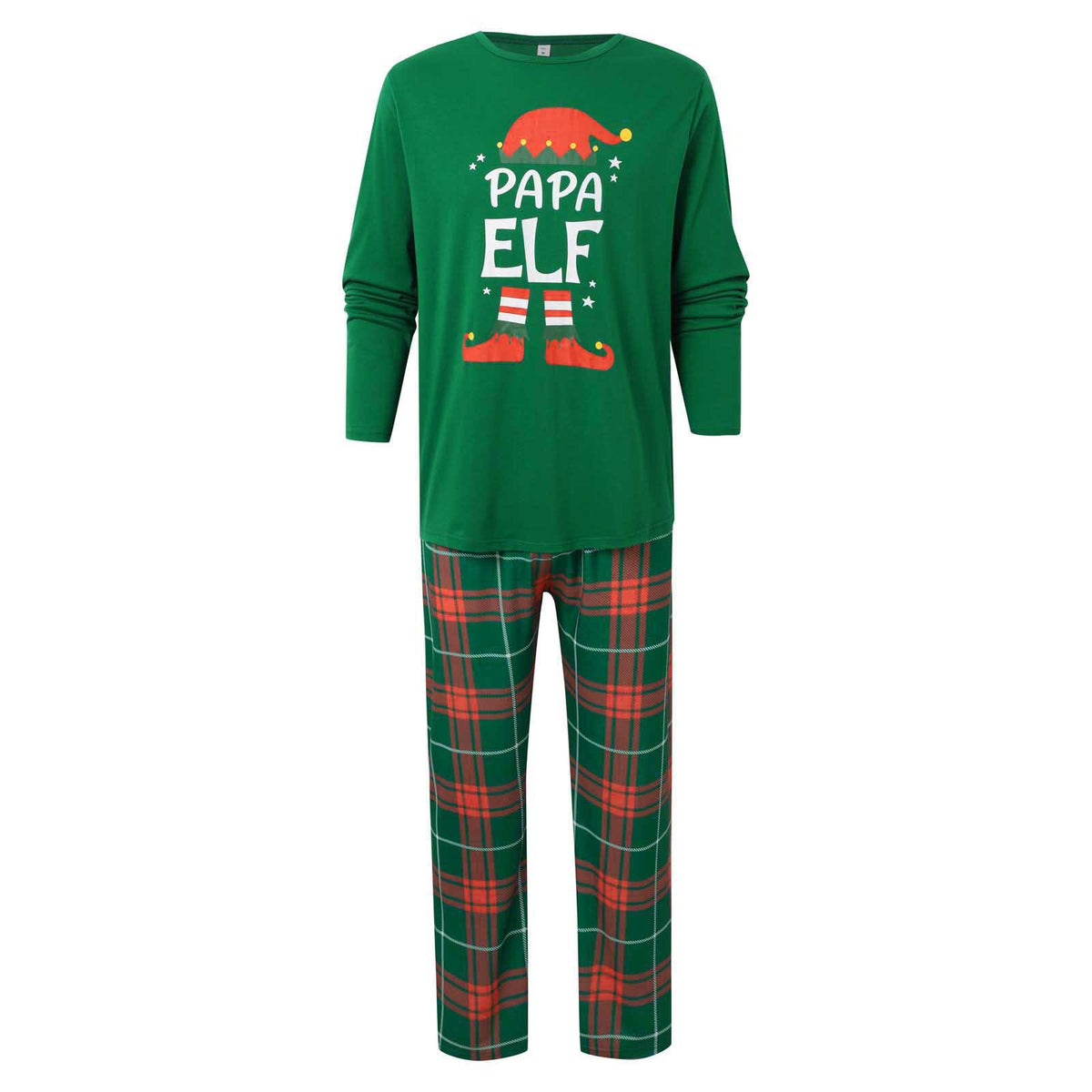 Maglia verde a maniche lunghe del pigiama Papa Elf con cappello e stivali da elfo e pantaloni a quadri rossi e verdi, su sfondo bianco.