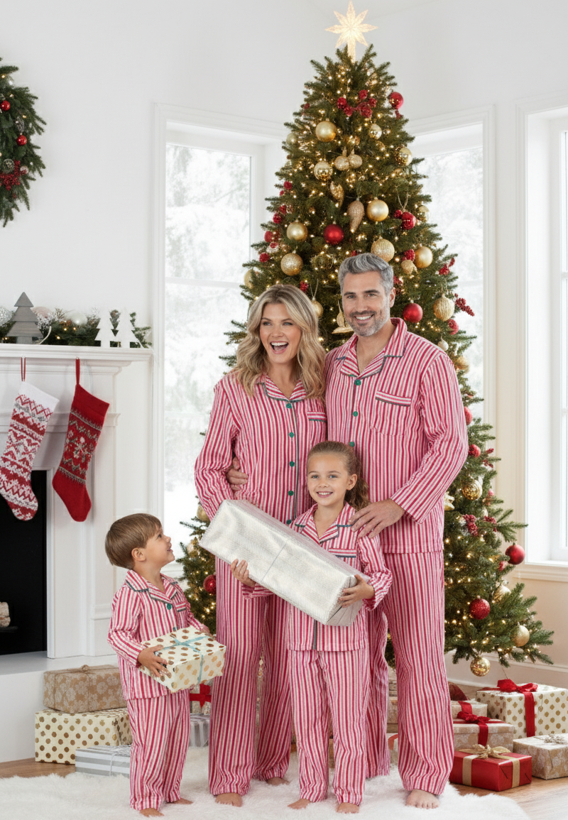 Pink Can Stripe Matching Family Christmas Pajamas with Dog Pajamas Included – Complete Set