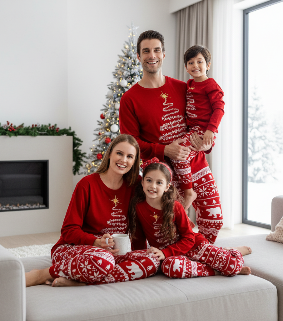 Red Christmas Tree Reindeer Family Pajamas with Dog Set – Complete Matching Holiday Sleepwear