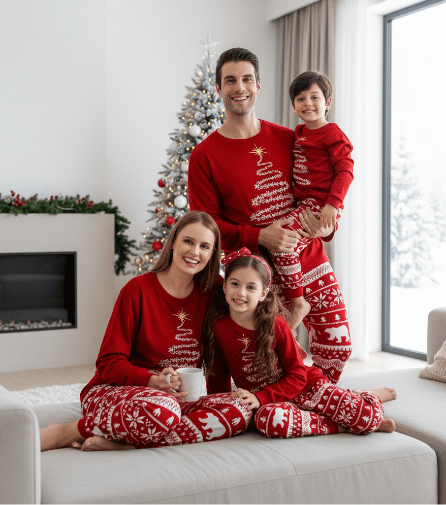 Red Christmas Tree Reindeer Family Pajamas with Dog Set – Complete Matching Holiday Sleepwear