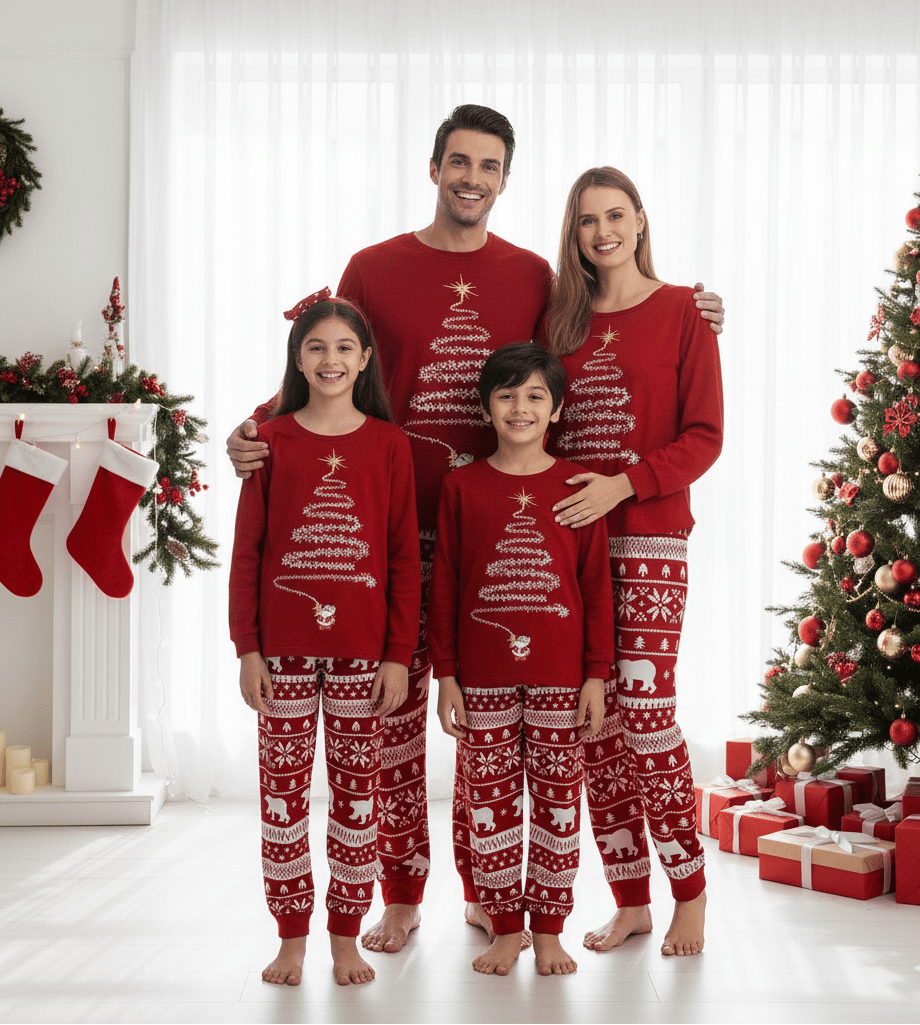 Red Christmas Tree and Reindeer Print Matching Family Pajamas Sets – Holiday Sleepwear Main View