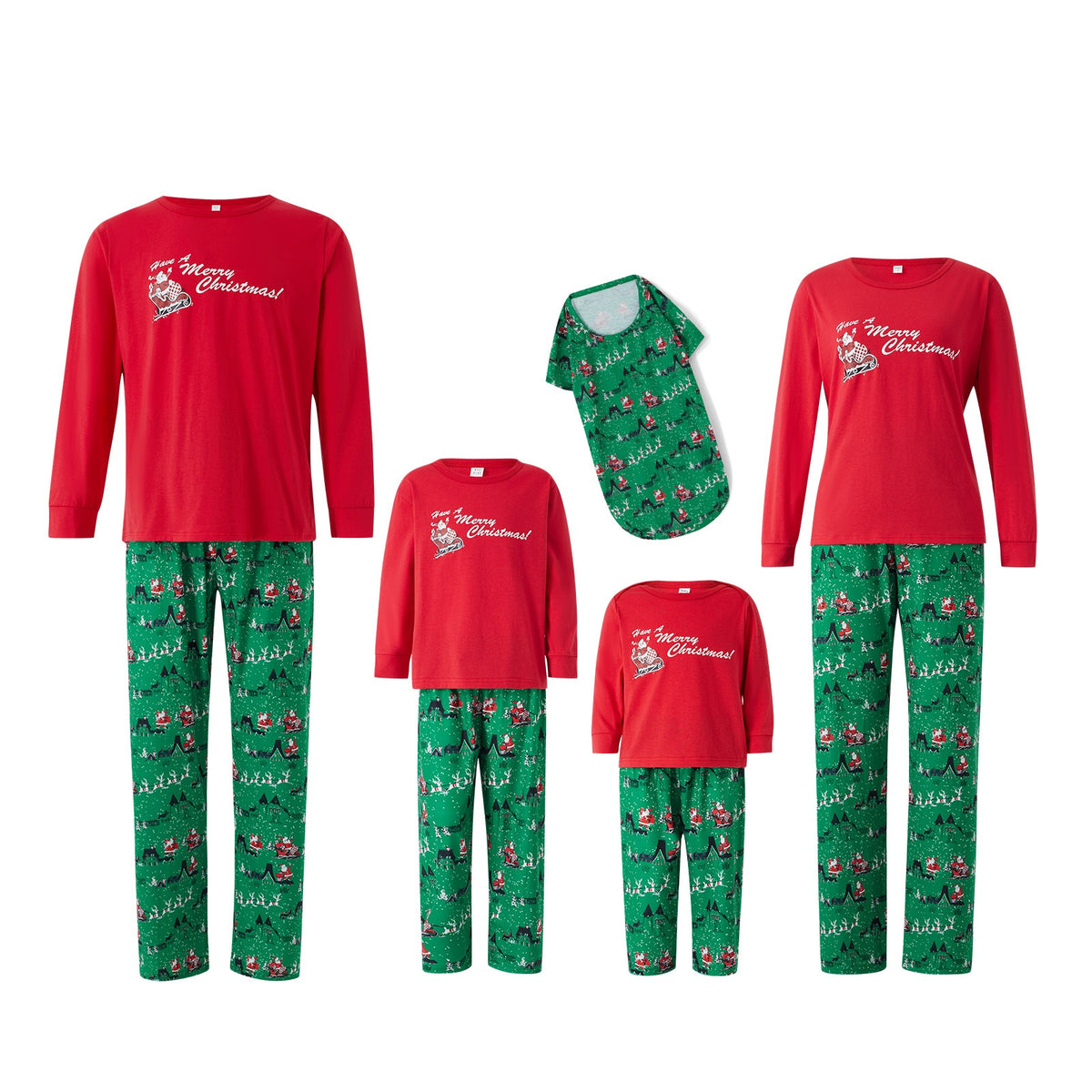 Collezione di pigiami natalizi per la famiglia con maglie rosse con motivi, pantaloni verdi a stampa festiva e camicia verde coordinata per cane.