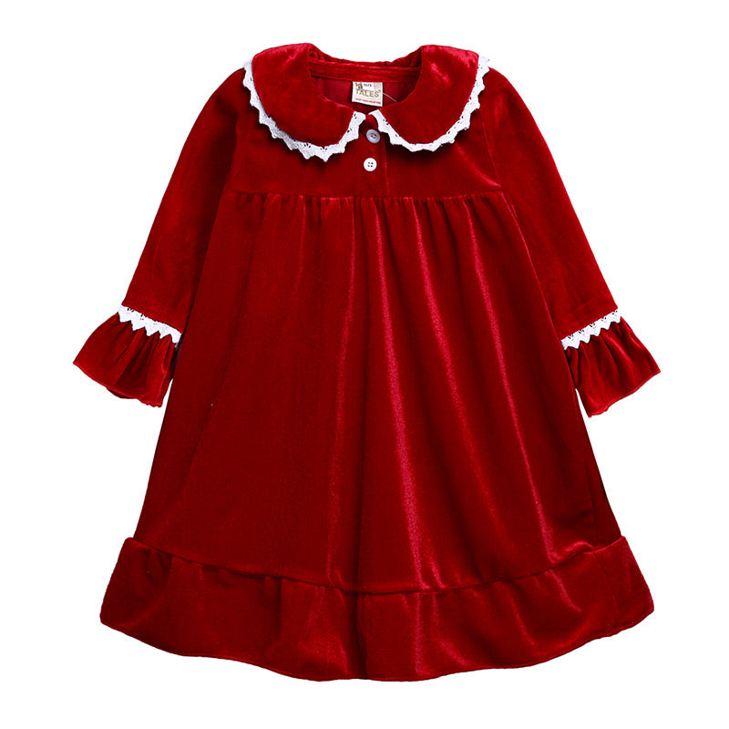 Red long-sleeve nightdress with a white scalloped collar and trim laid flat on a white background.