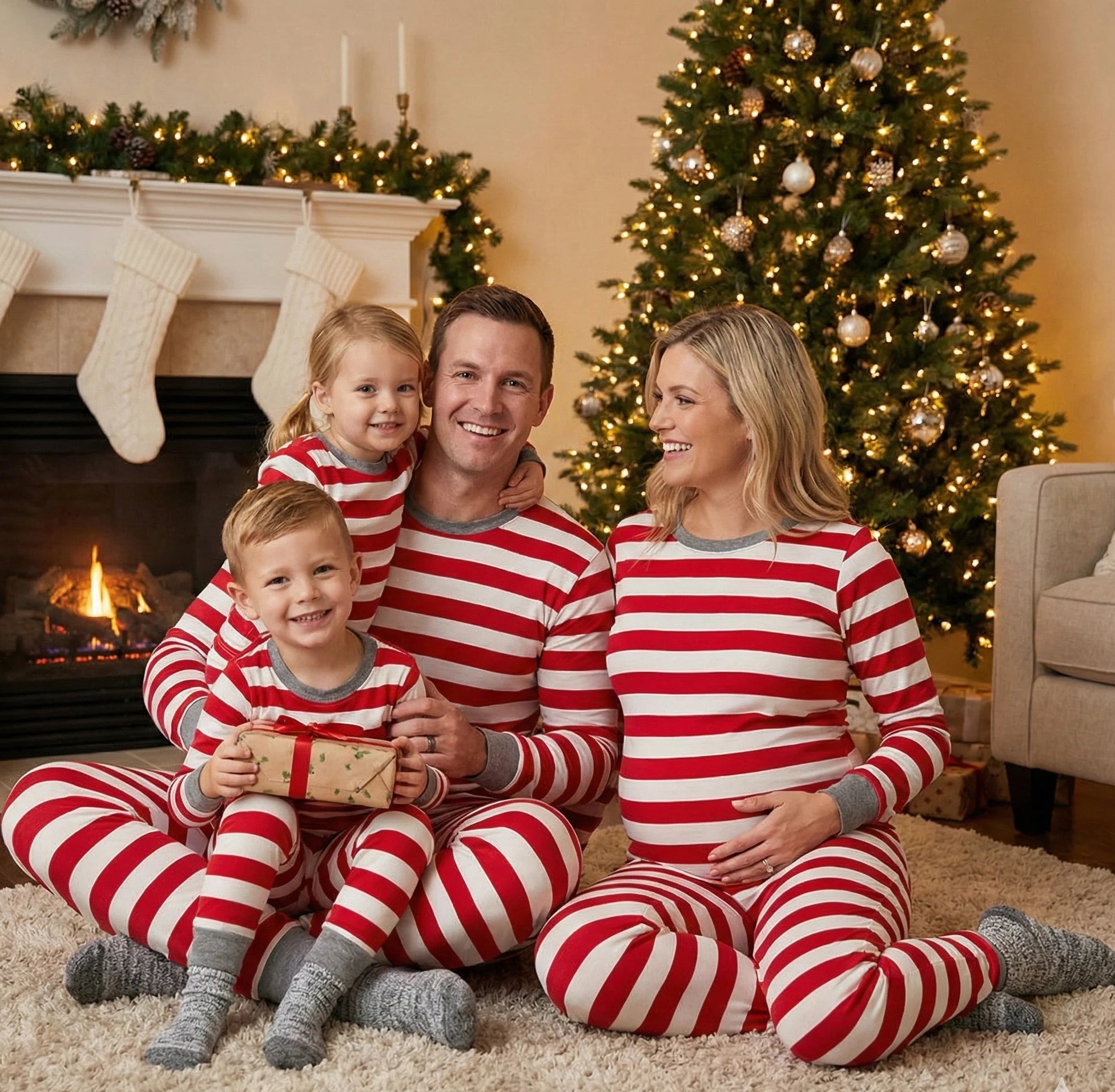 Red White Stripe Christmas Pajamas Family Lifestyle Photo – Cozy Holiday Sleepwear