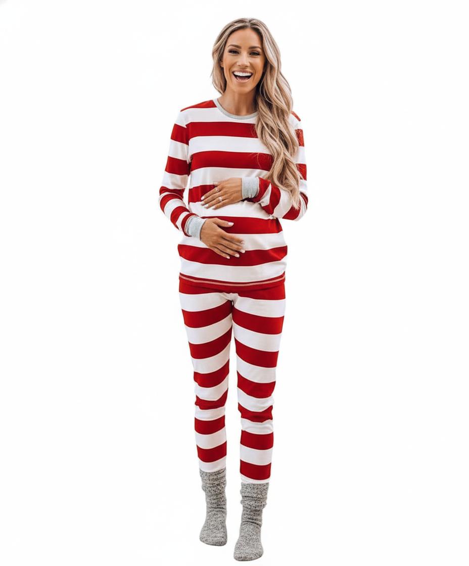 Red and White Stripe Christmas Pajamas Size Chart – Adults Kids Baby and Dog Sizes