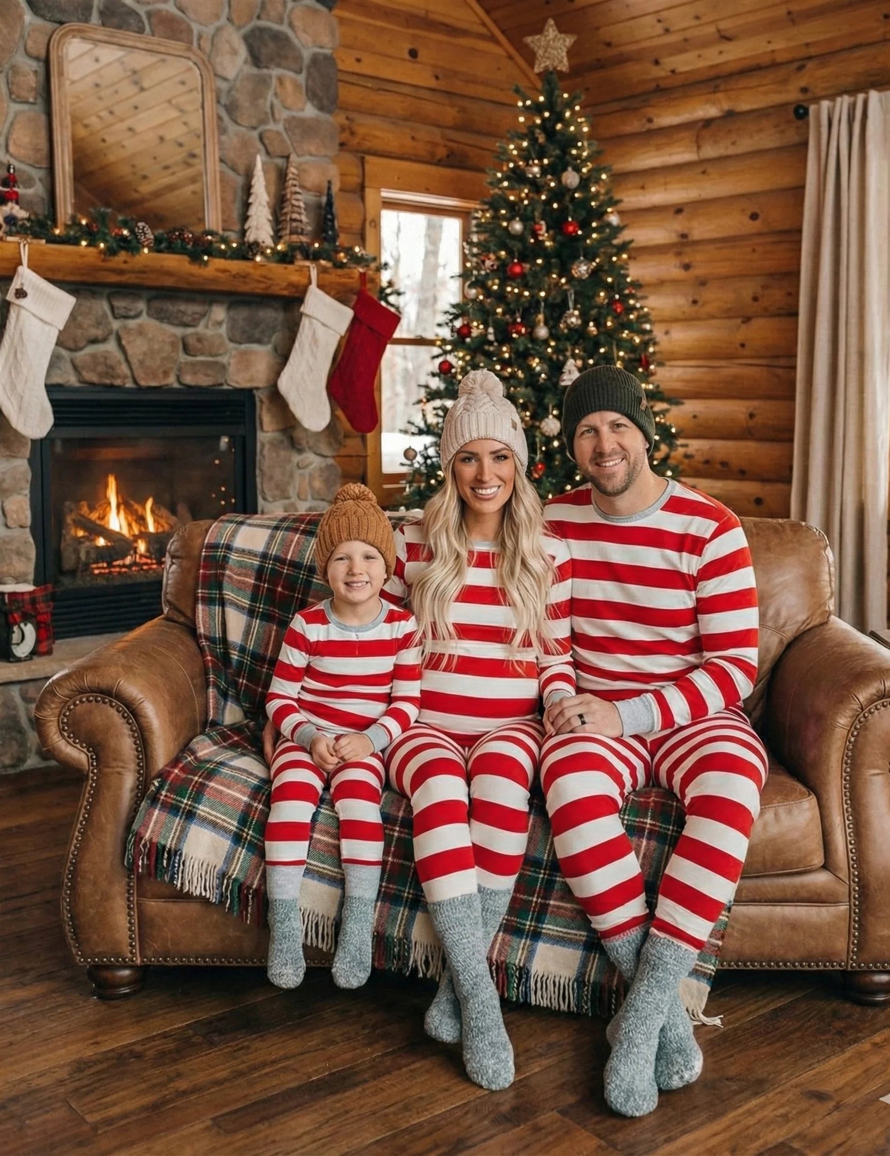 ed White Stripe Family Christmas Pajamas – Adults and Kids Matching Holiday Sleepwear