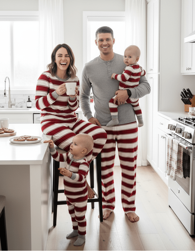 Red White Stripe Round Collar Pajamas – Matching Holiday Sleepwear for Adults and Kids