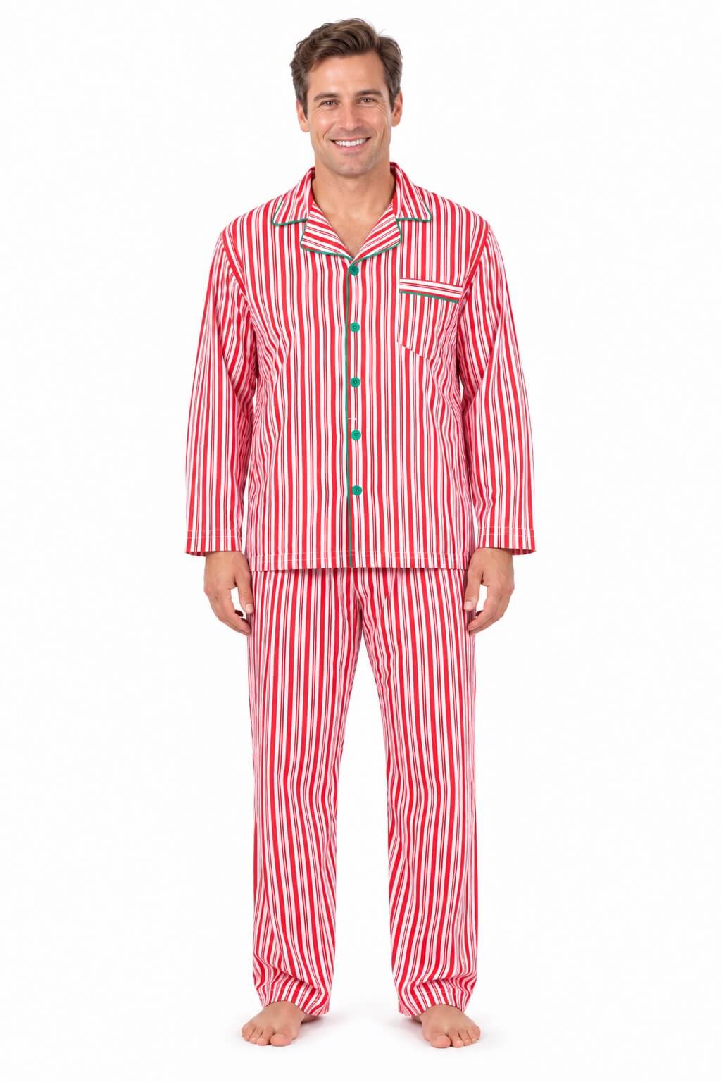 Man modeling red-and-white vertically striped button-front pajamas with green piping against a white background.