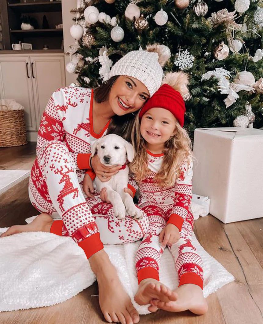 Reindeer Snowflake Christmas Pajamas Flat Lay – Complete Matching Family and Dog Set