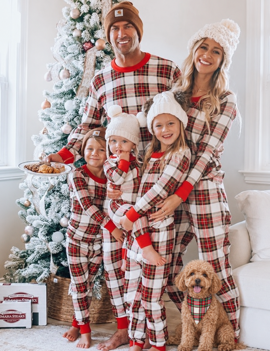 Family wearing matching Christmas pajamas with a Toy Poodle wearing the coordinating triangular dog bandana.